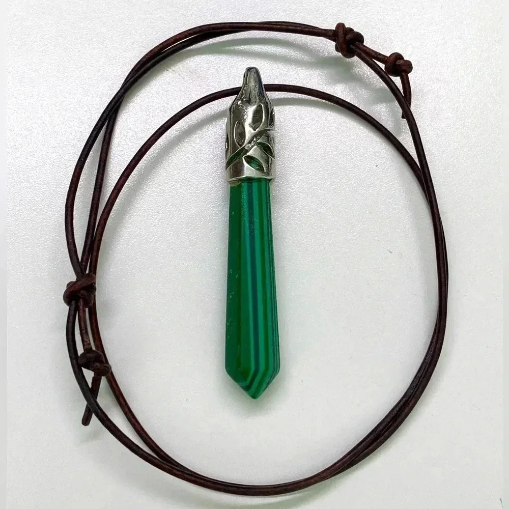 Handmade Malachite Obelisk Pendant Leather Slider Necklace